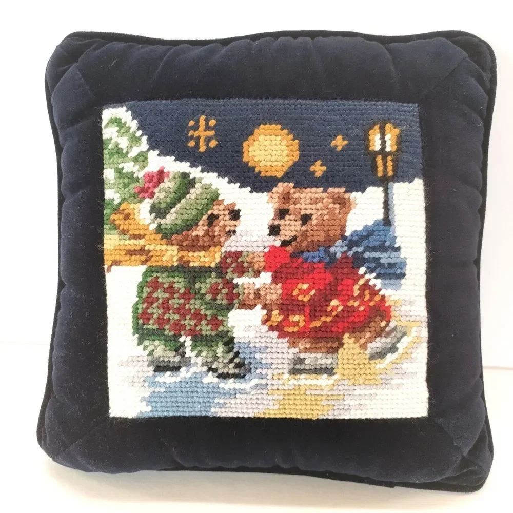 Vintage Needlepoint Christmas Pillow Bears Ice Skating 9